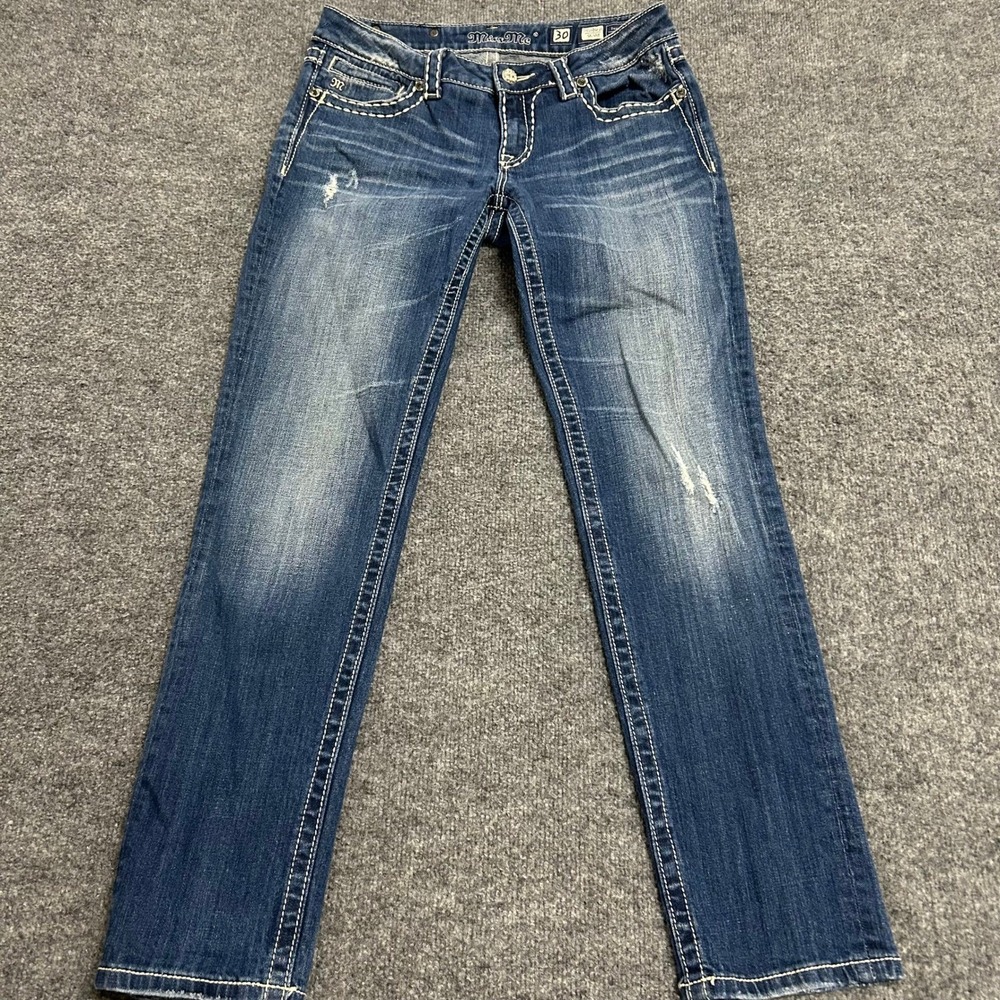Miss Me Skinny Jeans Womens Size 30 Blue Distressed Contrast Stitch JP5109SK-25